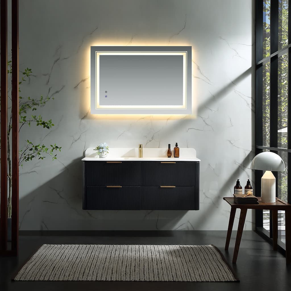 Modland 48" Floating Bathroom Vanity with Acrylic Sink and 4 Soft-Close Drawers Solid Wood Cabinet in Walnut/Black