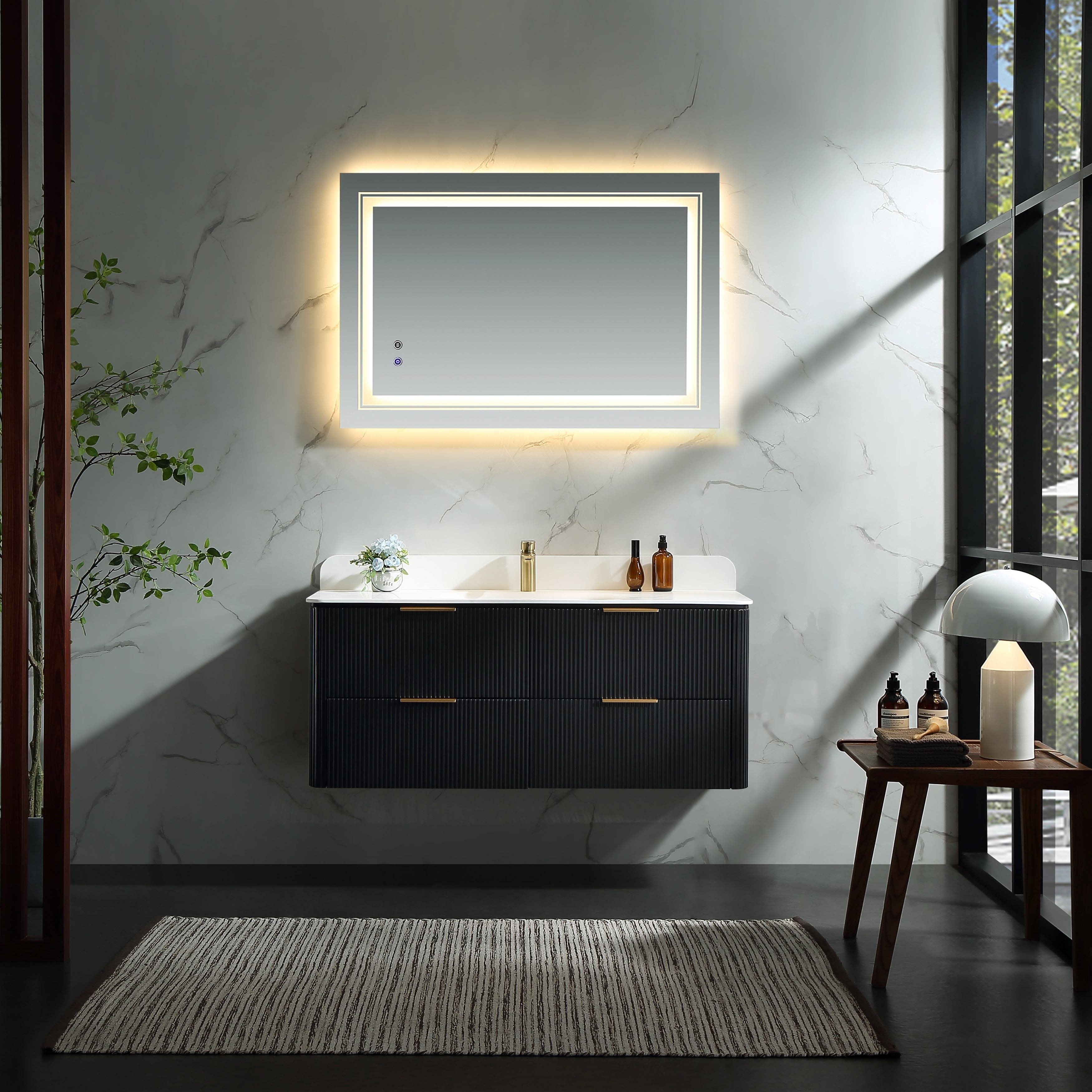 Modland 48" Floating Bathroom Vanity with Acrylic Sink and 4 Soft-Close Drawers Solid Wood Cabinet in Walnut/Black