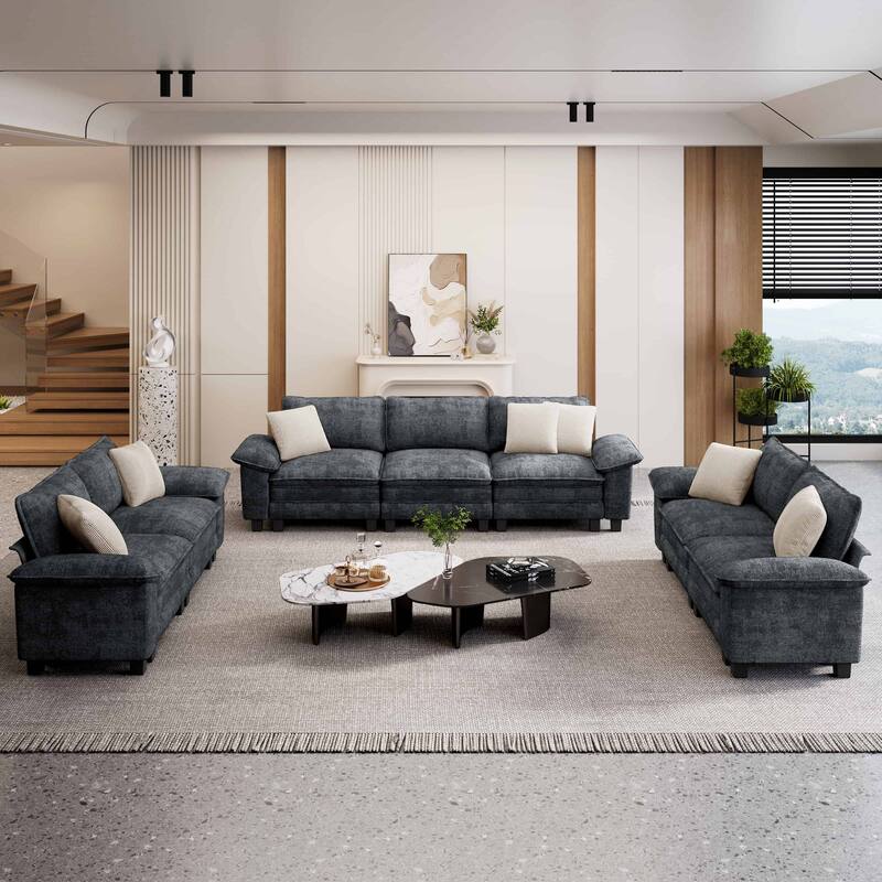 MAISON ARTS Modular Living Room Sofa Set, Comfy 5/6/7-Seat Sectional Couch with 3-Seater, Loveseat or Armchair - Blue Grey Chenille(7 Pieces) - Reversible