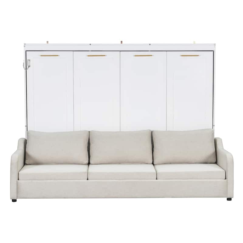 Murphy Cabinet Bed with Folding Sofa Built-in Storage Shelves and LED Light - Beige - Queen