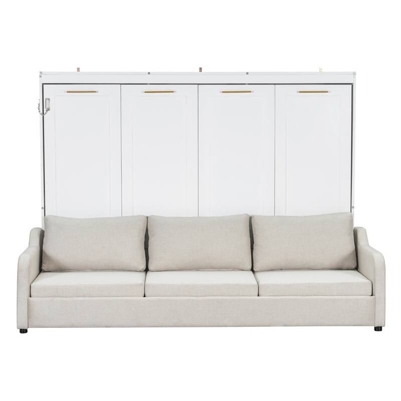 Roomfitters Queen Murphy Cabinet Bed with Folding Sofa, LED Light and Storage, Beige