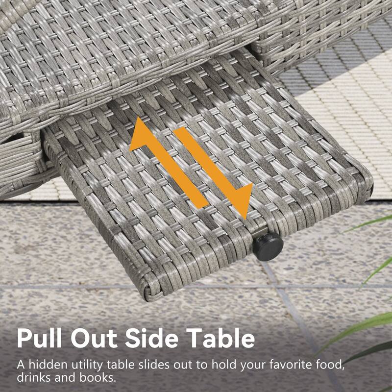 2-piece Outdoor Wicker Chaise Lounge Chairs Set with Pull-out Side Table, Patio Pool Adjustable Reclining Sun Lounger