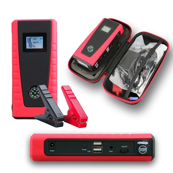 Indigi® 12000mAh HeavyDuty Rugged Portable Automotive Jump Starter PowerBank w/ USB Charging Port & LED Flashlight - Black/Red