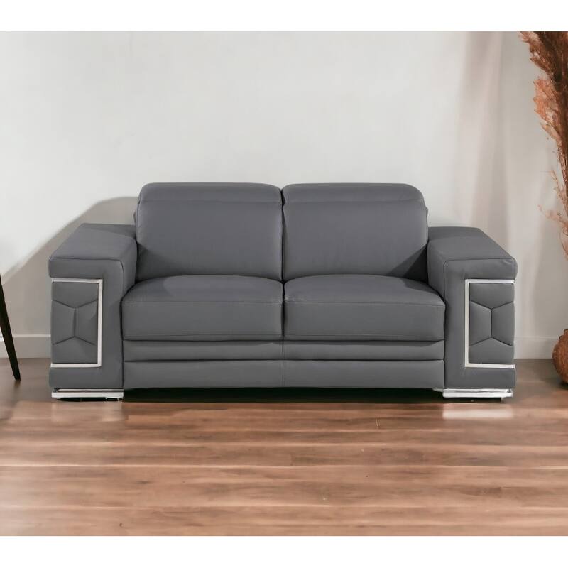 HomeRoots 71" Gray And Silver Genuine Leather Loveseat - Gray