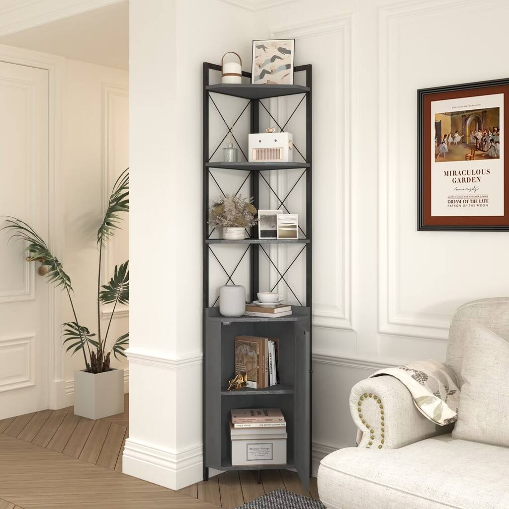 Retro 5-Tier Corner Bookshelf with 4 Open Shelves and 1 Barn Door Cabinet, Corner Cabinet Bookshelf Stand Disply Rack