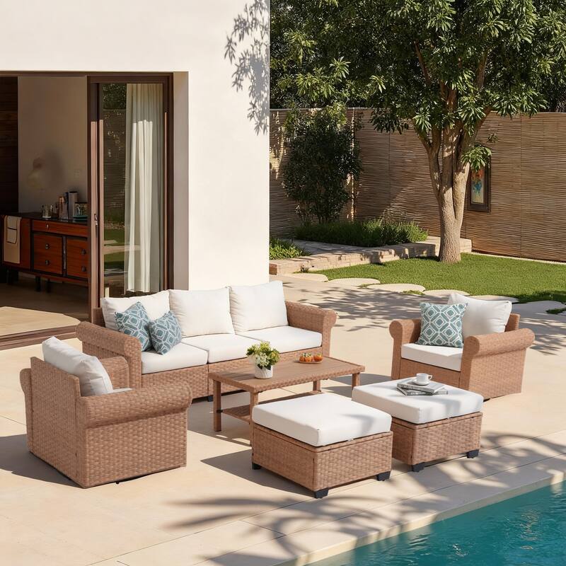 Outdoor 6-Piece Pe Rattan Garden Patio Sofa Set with Swivel Chair