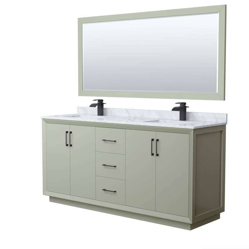 Strada 72-Inch Double Vanity Set, Carrara Marble Top, 70-Inch Mirror - Light Green, Black Trim, Carrara Marble Top