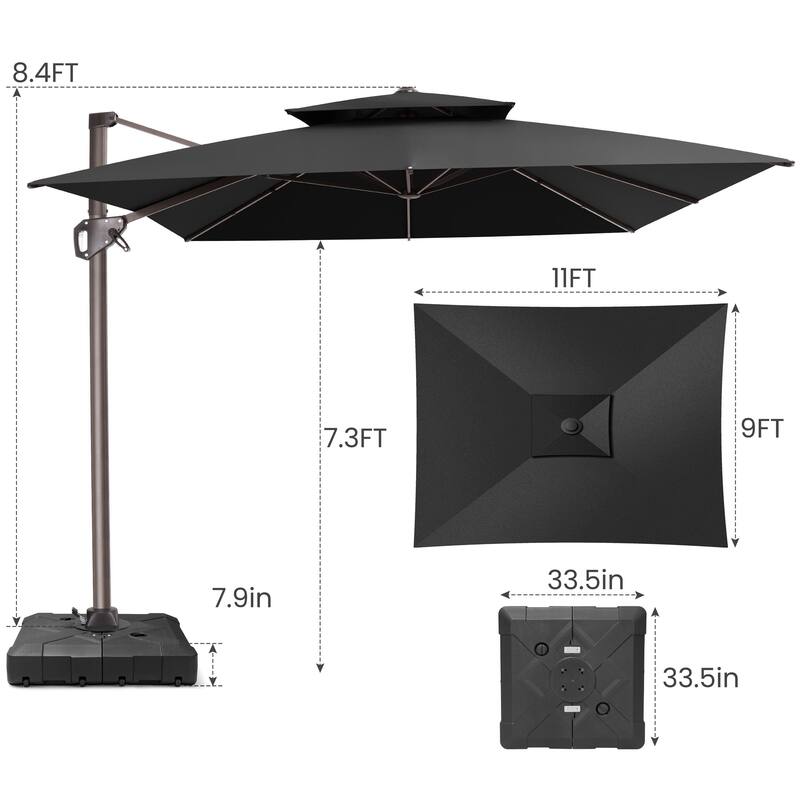 11 × 9 ft Outdoor Patio Cantilever Offset Dual Top Umbrella with Base