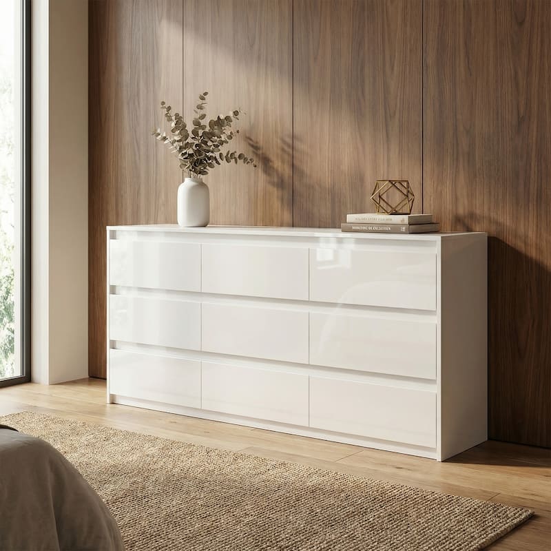63" White High Gloss Dresser with 9 Drawers, Modern Bedroom Storage Cabinet with PET Finish, Long Double Dresser - Overstock - 44042619 63" White High Gloss Dresser with 9 Drawers, Modern Bedroom Storage Cabinet with PET Finish, Long Double Dresser - Overstock - 44042619