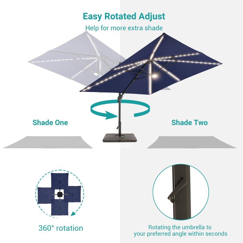BONOSUKI 10x10FT LED Cantilever Patio Umbrella Angle Adjustment w/Base