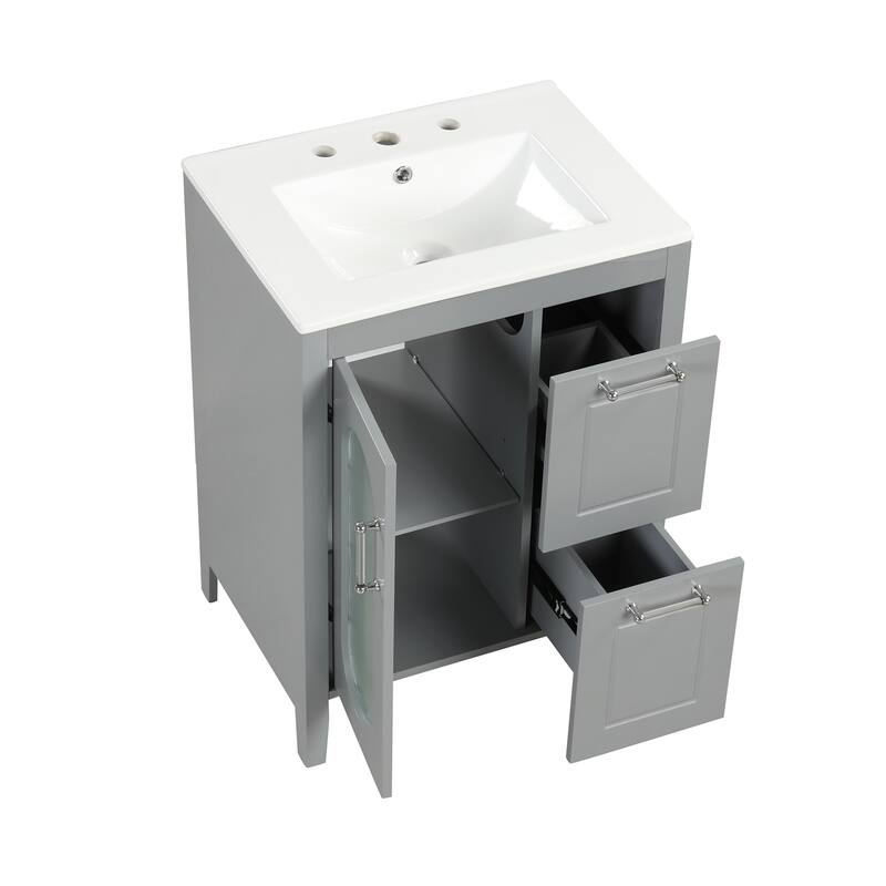Freestanding Vanity for Bathroom with Ceramic Sink, Glass Cabinet Door, Drawers, Acrylic Bar Handles and Adjustable Shelf