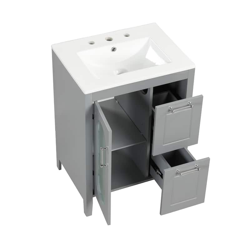 GDFStudio - Emma 24-Inch Bathroom Vanity with Ceramic Sink, Moru Glass Door and Adjustable Storage