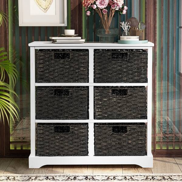 Shop Vintage White Storage Cabinet With 6 Rattan Baskets Overstock 32203811