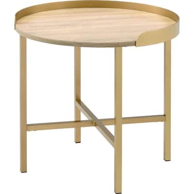 End Table with Round Tray Top and Tubular Metal Legs - Brown - 22 L x 22 W x 22 H Inches
