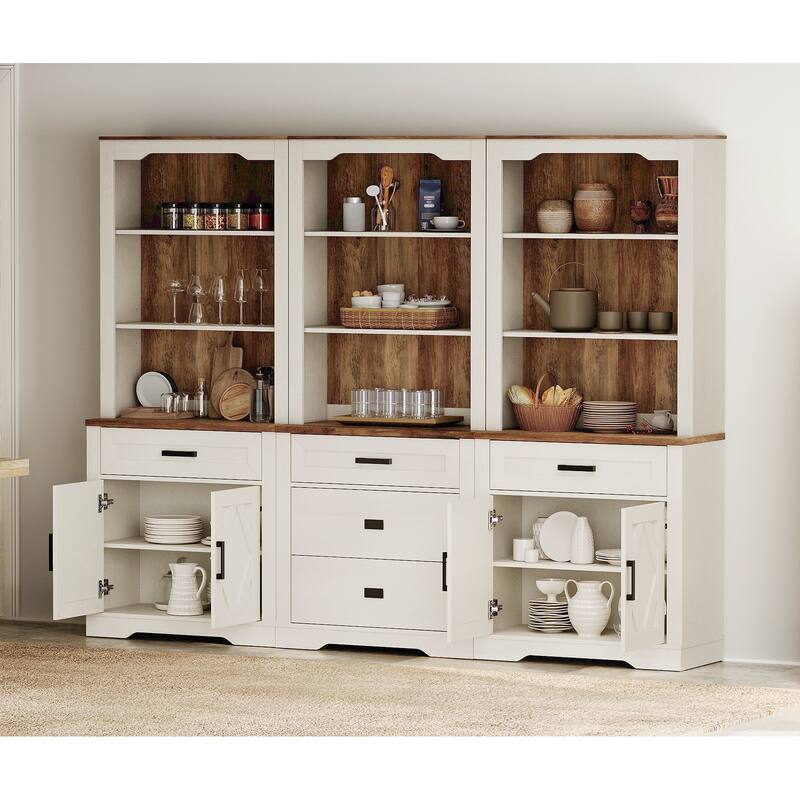 3-Column 73.3" Tall Bookshelf Set with Open Storage and Glass Doors