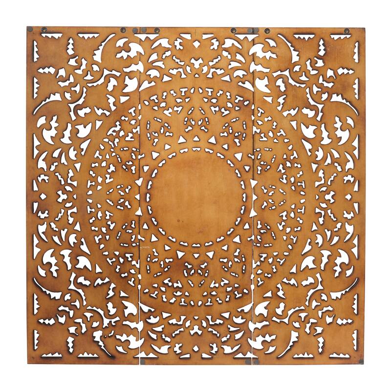 Wooden Handmade Intricately Carved Floral Wall Decor with Mandala Design (Set of 3) - Brown or White