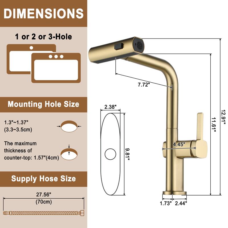 Single Handle Pull Out Sprayer Kitchen Faucet with 3 Functions Spray, 360° swivel