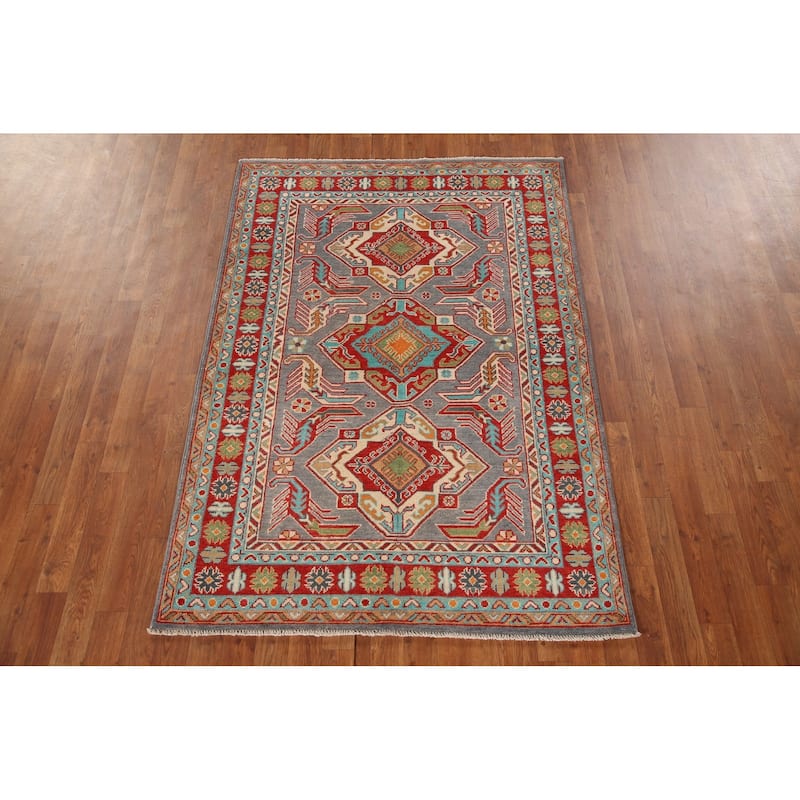 Grey Traditional Kazak Oriental Area Rug Handmade Wool Carpet - 4'0"x 6'0"