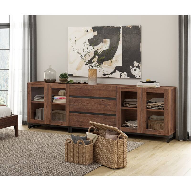 WAMPAT 3 in 1 Modern Dresser with Glass Doors and 3 Drawers, Chest of Drawers for Bedroom