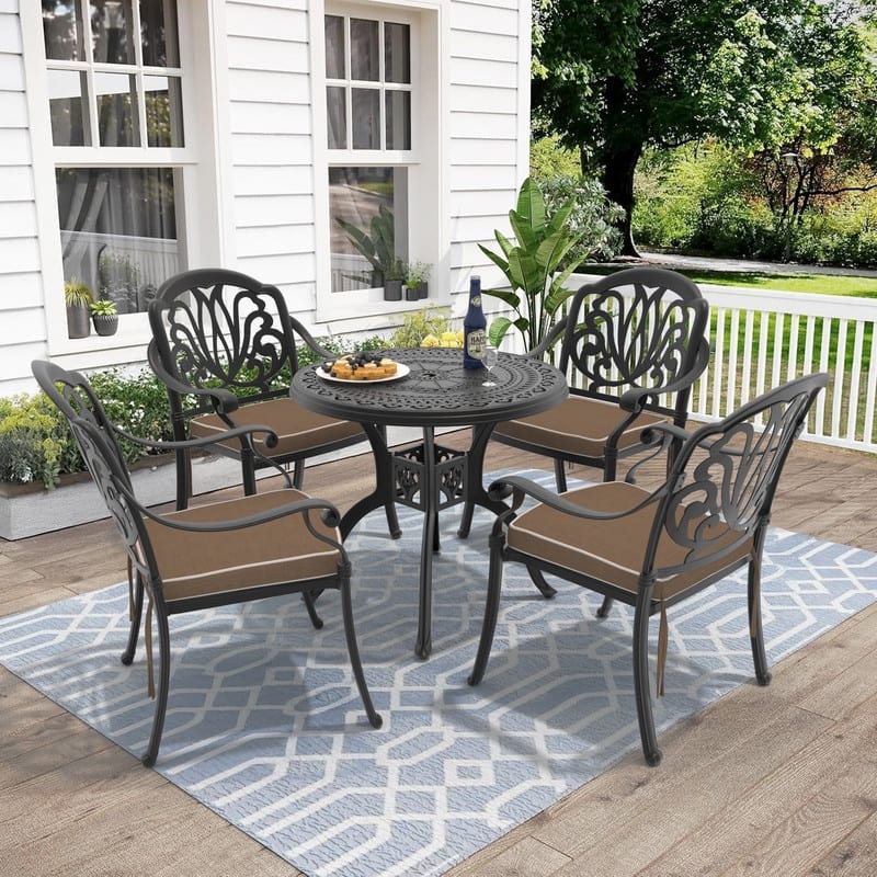 3/5-Piece Cast Aluminum Outdoor Dining Set with 31.5 in. Round Table and Seat Cushions