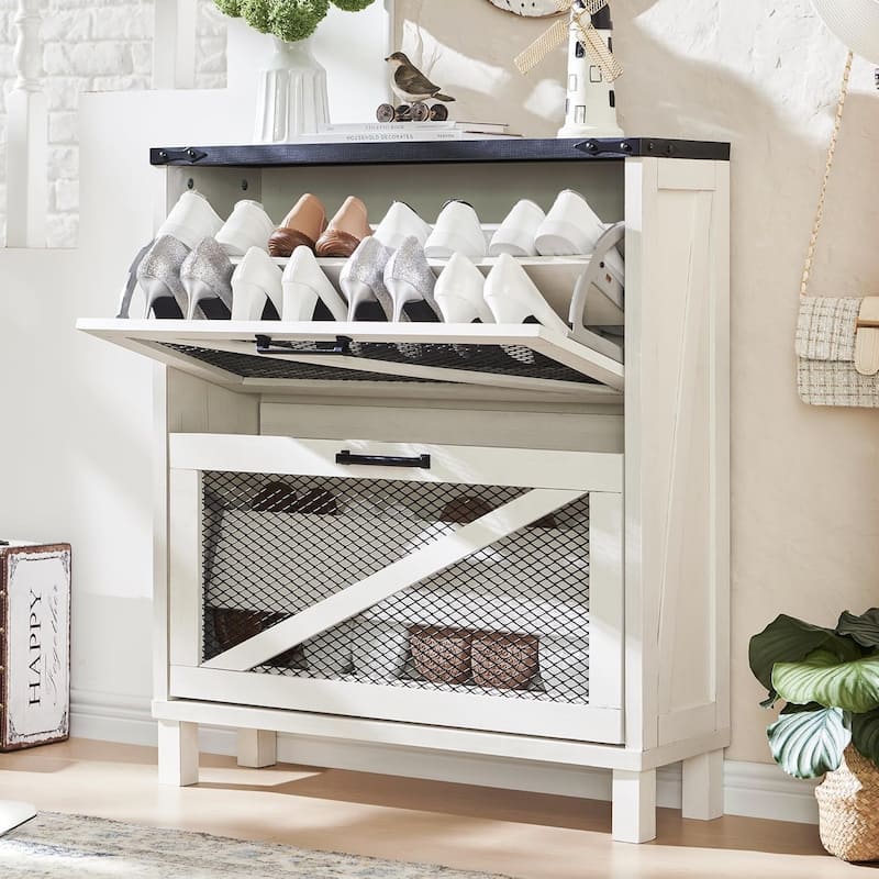 Farmhouse Shoe Cabinet, Wooden Shoe Storage Cabinet, Shoe Organizer - White