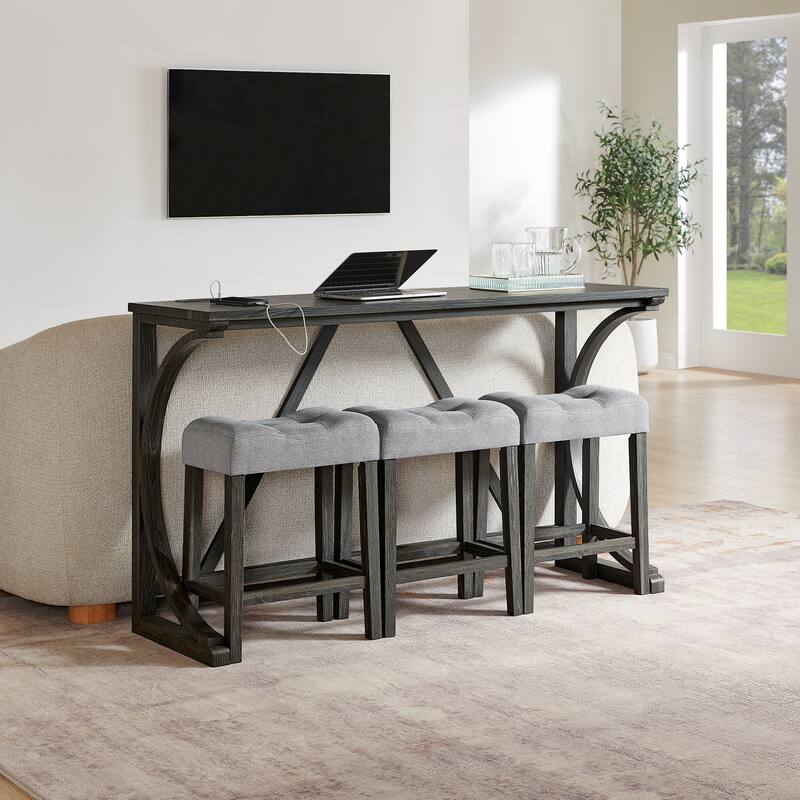 59" Bar Table Set with Power Outlet, Industrial Breakfast Table with 3 Stools, 4 Piece Counter Height Bar Table and Chair Set