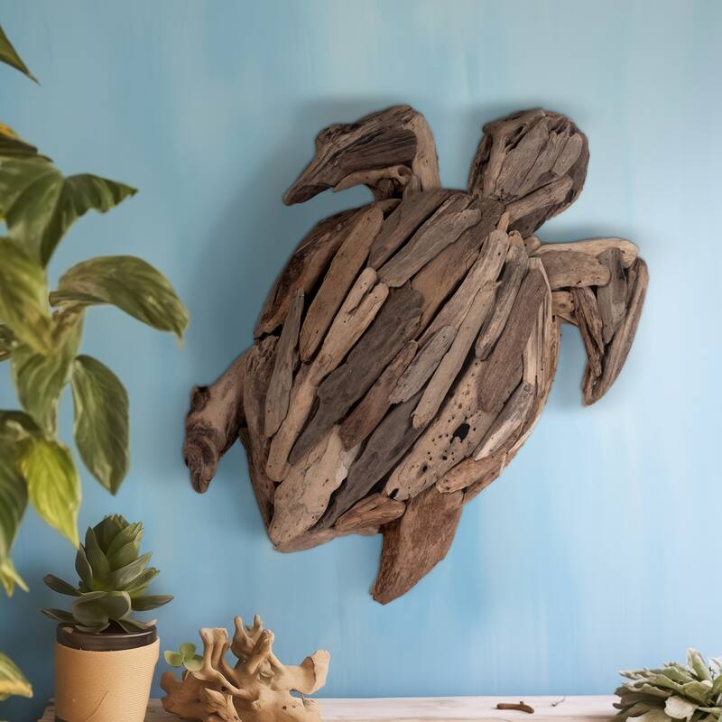 Sagebrook Home Driftwood Turtle Deco, Natural Finish, Coastal-Inspired Figurine for Home Decor and Beach Themes for Any - 16" x 22" x 3"