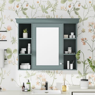 35'' x 28'' Blue Wall-Mounted Bathroom Storage Cabinet with Mirror Door & 6 Open Shelves - Modern Medicine Cabinet
