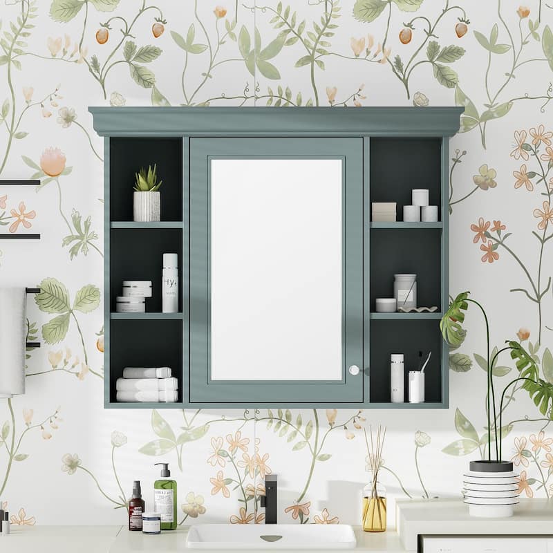 Modern Bathroom Wall Cabinet with Mirror,Medicine Cabinet with 6 Open Shelves - Blue1