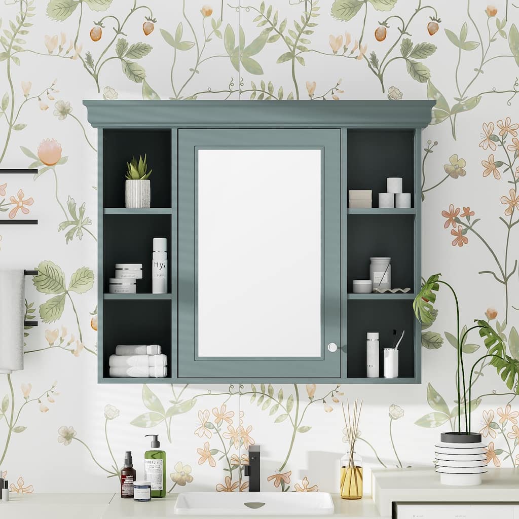 Modern Wall Mounted Bathroom Medicine Cabinet with Mirror Door & 6 Open Shelves
