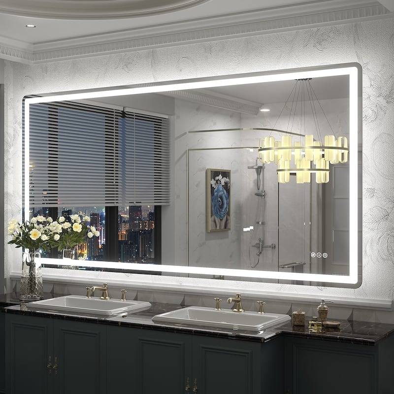 UL Certified Frameless LED Front Light and Backlit Wall Bathroom Vanity Mirror - 72" x 36" - Clear-Rounded Corner