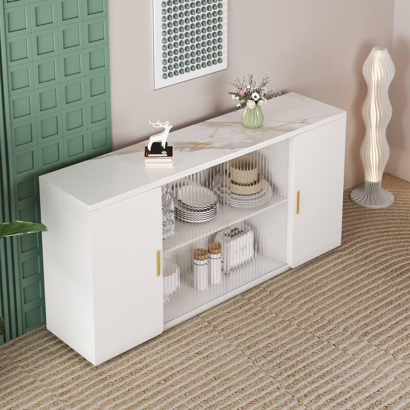 Wooden Sideboard Cabinet Buffet Cabinet with Glass Doors and Granite Top, Storage Cabinet with Dust-Free Display