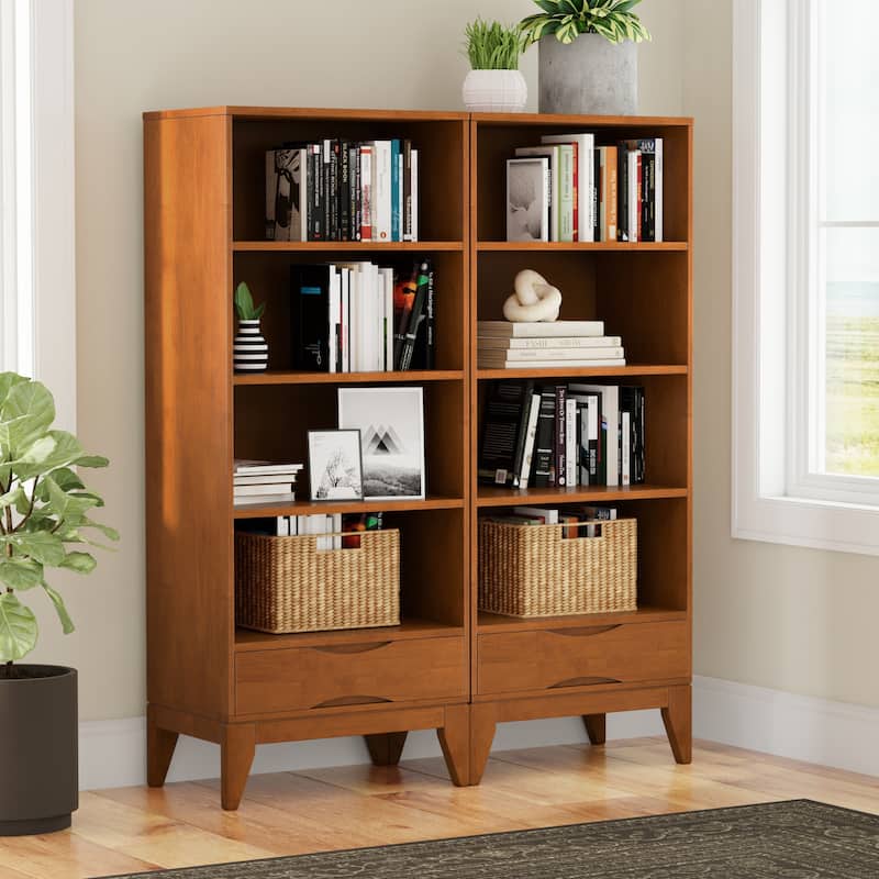 WYNDENHALL Pearson 24 inch Solid Wood 4 Shelf Bookcase (Set of 2) - 24"W x 16"D x 60"H - Teak Brown