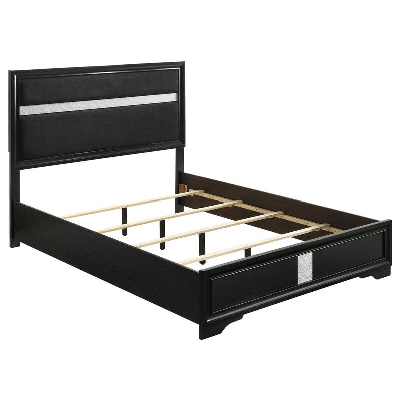 Vino Queen Size Bed, Panel Headboard, Black Upholstery, Glitter Stripe