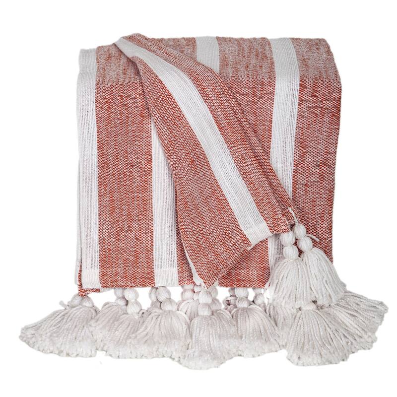 HomeRoots 50" X 60" Rust Woven Cotton Striped Throw Blanket with Tassels