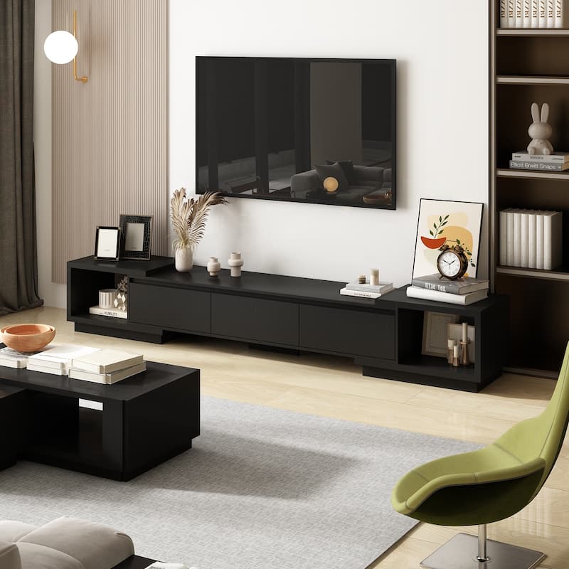 Modern Style Extendable TV Stand with 3Drawer White/Black 65.4"-106.3" Entertainment Center Table