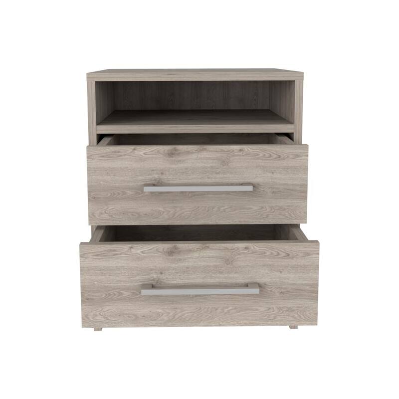 Light Gray Nightstand with Two Drawers and Open Shelf, Metal Handles