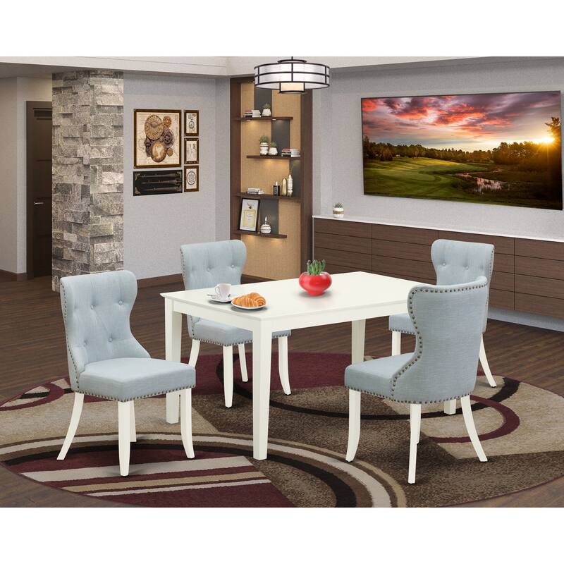 East West Furniture Kitchen Table Set- a Rectangle Dining Table and Baby Blue Parsons Dining Chairs, Linen White(Pieces Options) - CASI5-LWH-15