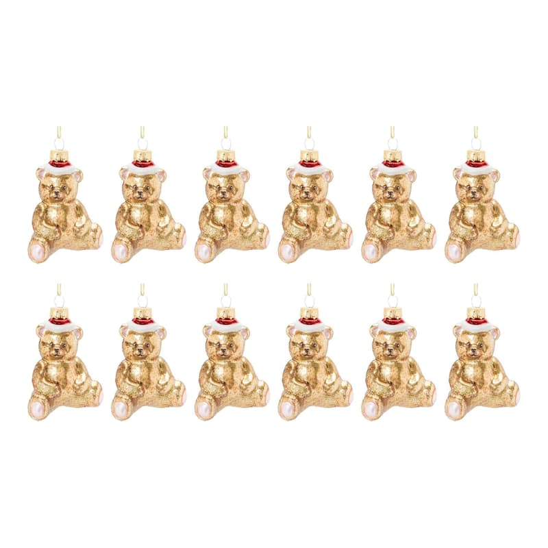 Club Pack of 12 Gold & Red Glass Teddy Bear Christmas Ornaments 3.75"