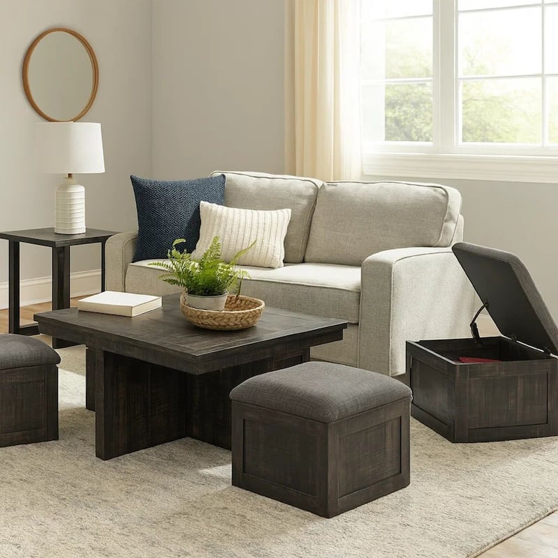 Mizo 5 Piece Coffee Table Set, 4 Nesting Storage Ottomans, Gray Oak Finish