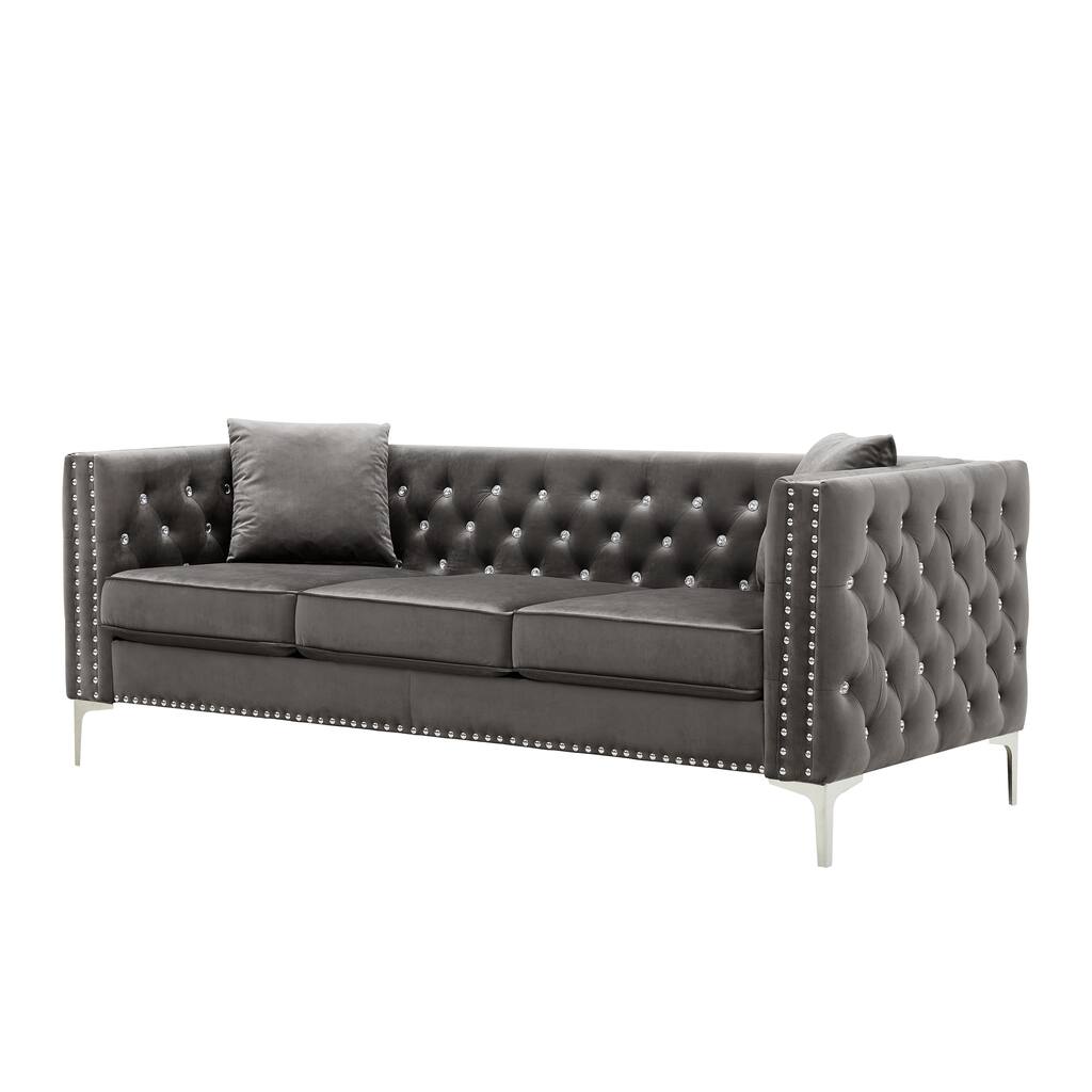Velvet Upholstered Sofa with Pillows, Solid Manufactured Frame, Jeweled Buttons Tufted Backres, Metal Feet, Square Armrests