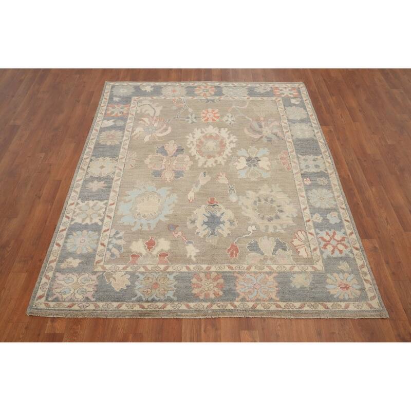 Hand Knotted Oriental 100% Wool Carpet Transitional All-Over Brown Oushak Area Rug - 6' 8'' X 5' 3''