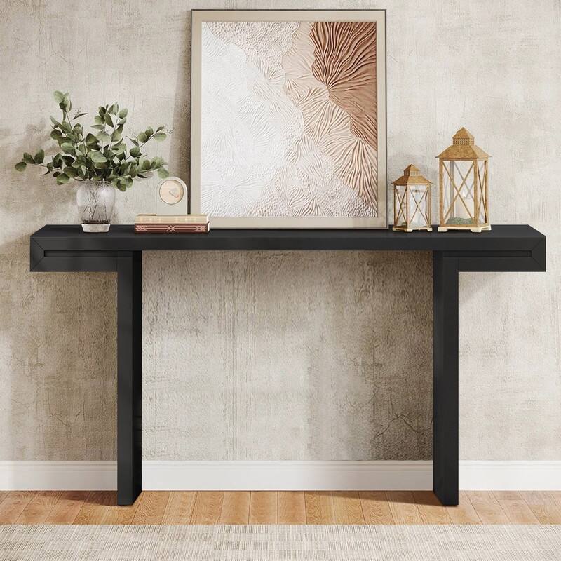 U-Style Large Console Table, Stylish Entryway Table with Geometric Design and Adjustable Feet - Black