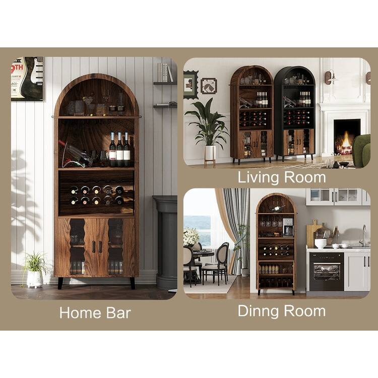 71"Farmhouse Arched Wine Bar Cabinet, Arch Cabinets &Coffee Bar, Whiskey Station With Wine Rack And Wine Glass Holder