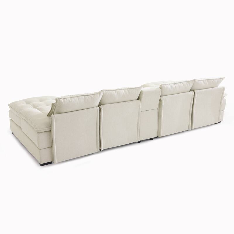U-shaped Sectional Sofa with Chaise, Built-in Storage Console and Cup Holders, Linen Double-Layer Cushioning Lounge Couch