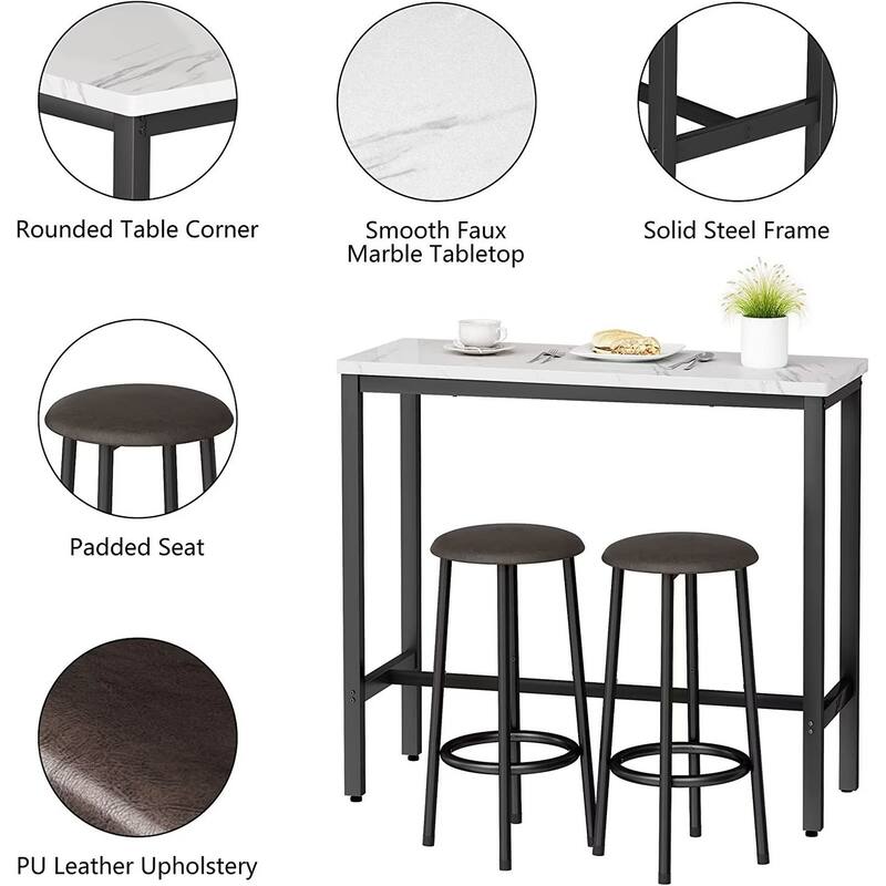 3 Piece Kitchen Pub Dining Set, Modern Faux Marble Counter Height Bistro Bar Table Set with 2 PU Leather Bar Stools
