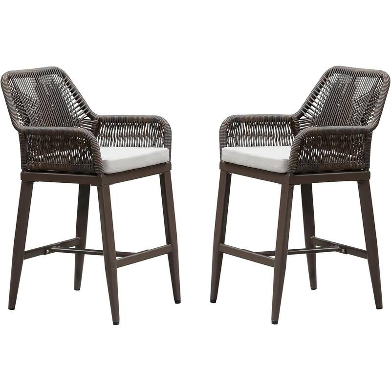 PURPLE LEAF Outdoor Bar Stools Chair Set of 2, All Weather Rattan and Aluminum Patio Bar Stool with Cushion - Coffee-counter stool
