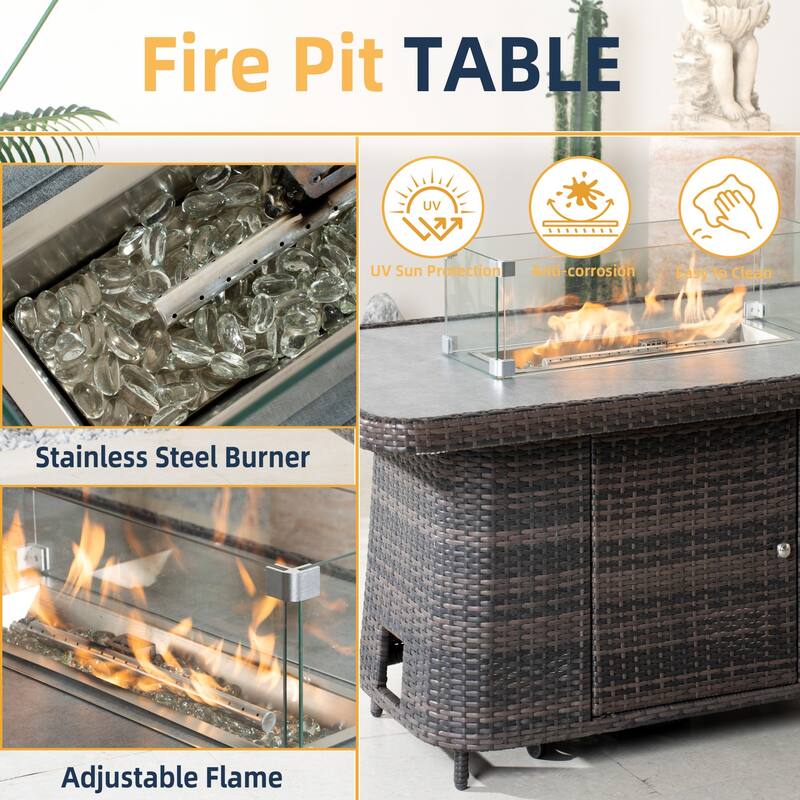 5-Piece Outdoor Wicker Patio Sofa Set with Adjustable Fire Pit Table and Storage Box