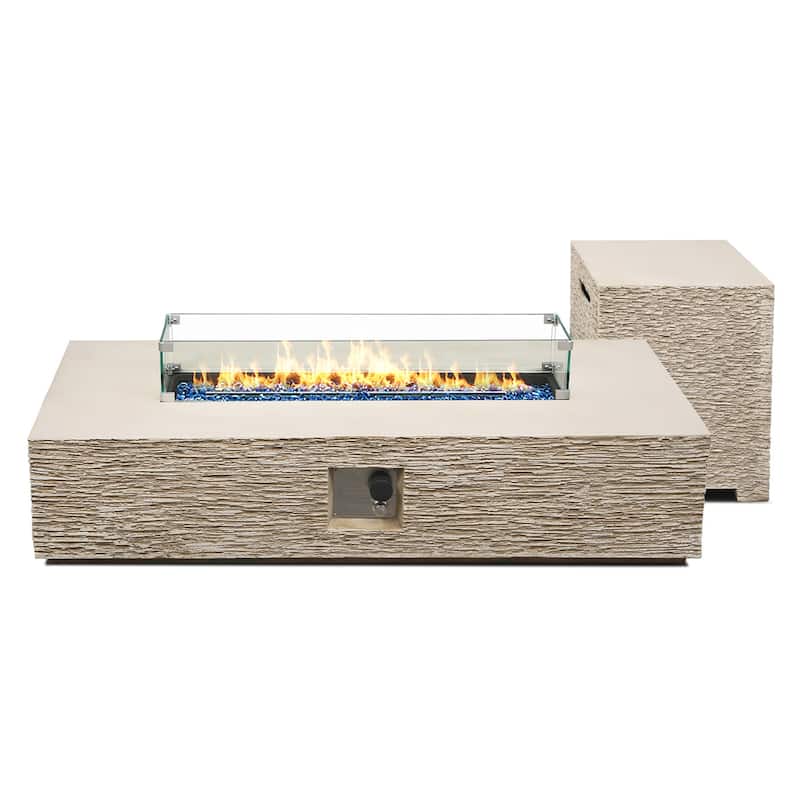 Patio Watcher 56in. Outdoor Rectangle Magnesium Oxide Fire Pit Table with Gas Tank Cover and Wind Guard - Beige