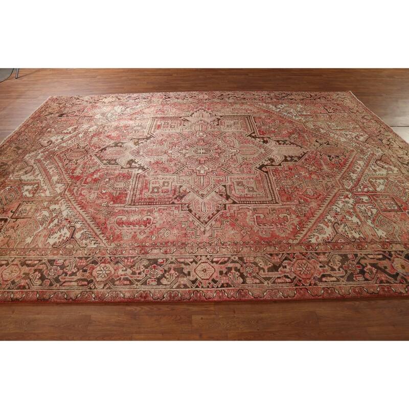 Red & Pink Geometric Heriz Persian Vintage Rug Handmade Wool Carpet - 8'5"x 11'5"